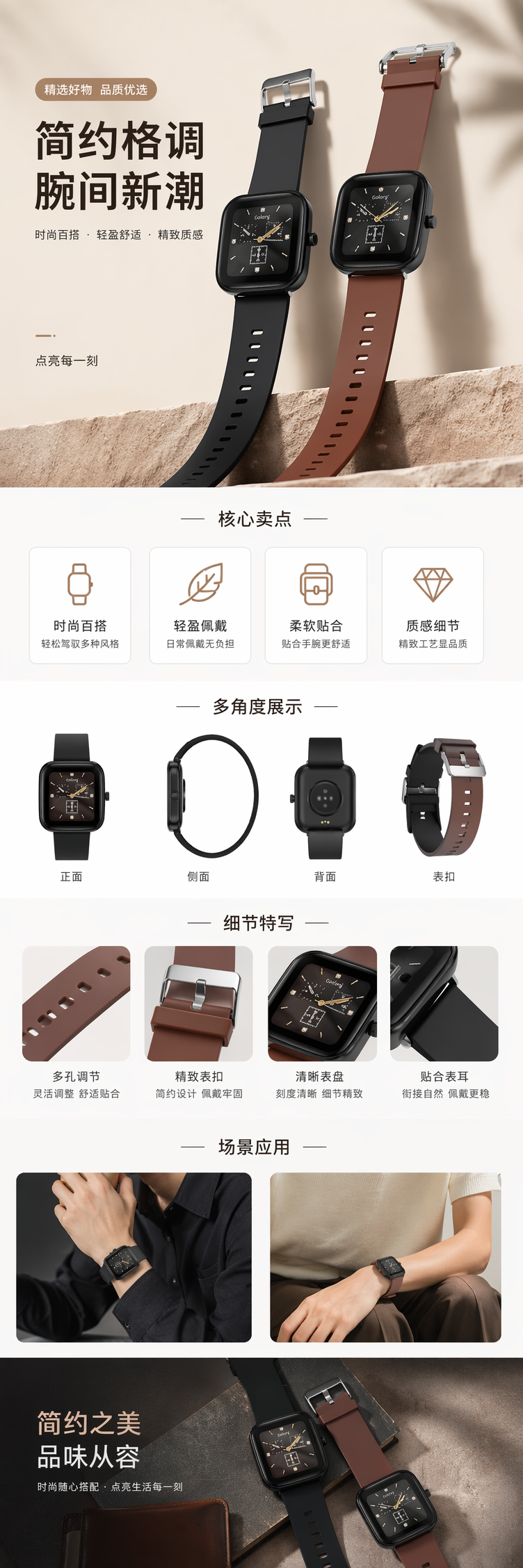 黑色表带方形手表 棕色表带方形手表 男女通用简约设计 pic 1
