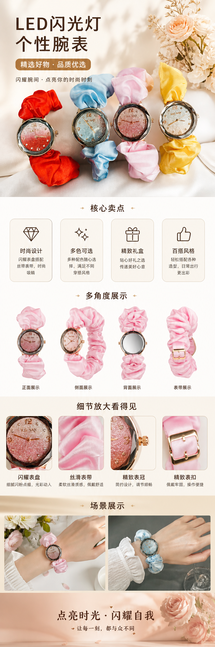 彩色丝质发圈装饰LED闪光灯个性腕表 pic 1