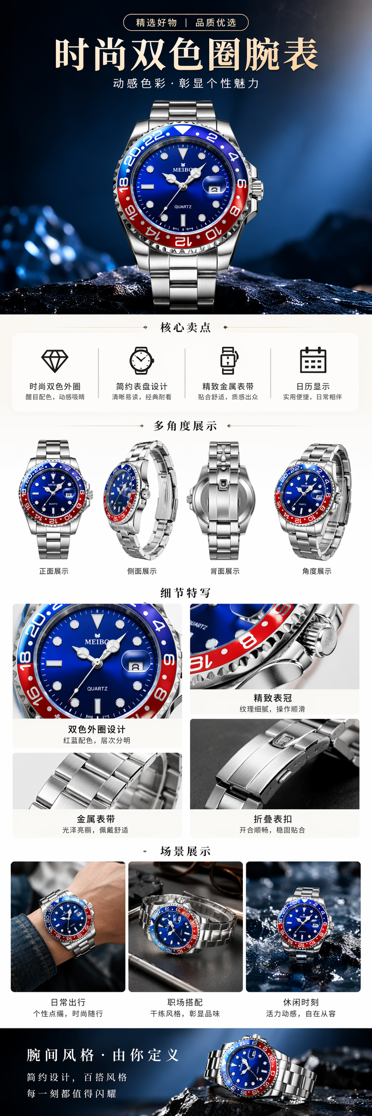蓝色表盘红蓝双色陶瓷圈金属表带手表塑料包装 pic 1