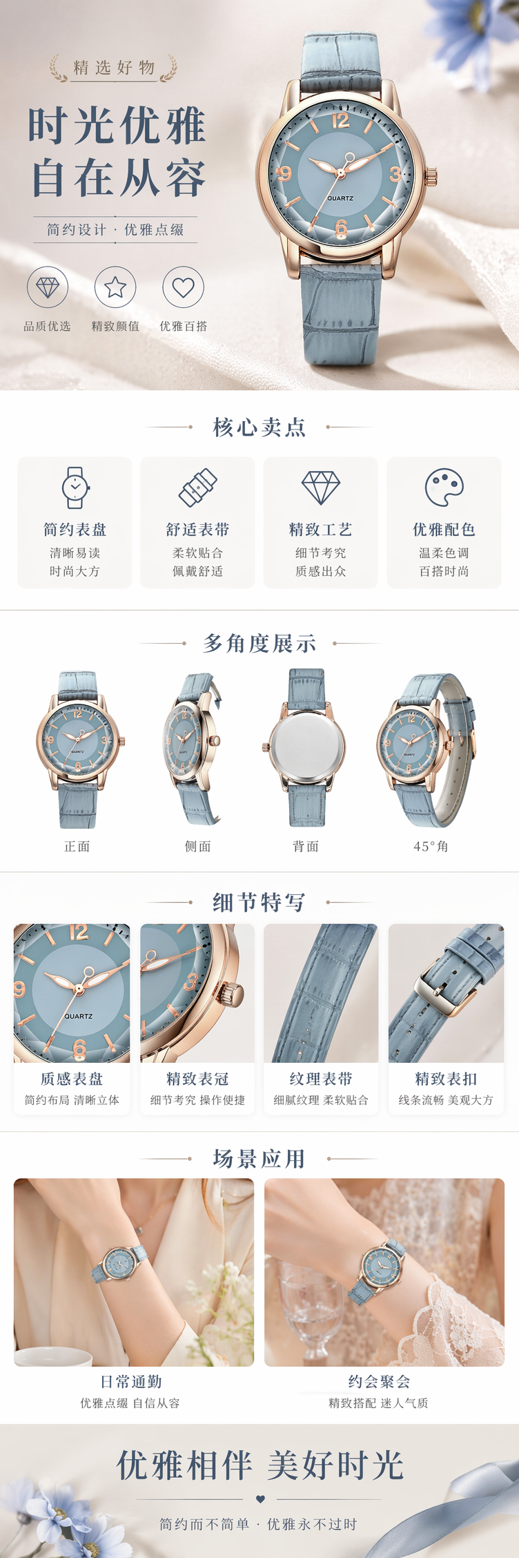 浅蓝色表盘玫瑰金女士石英手表 pic 1