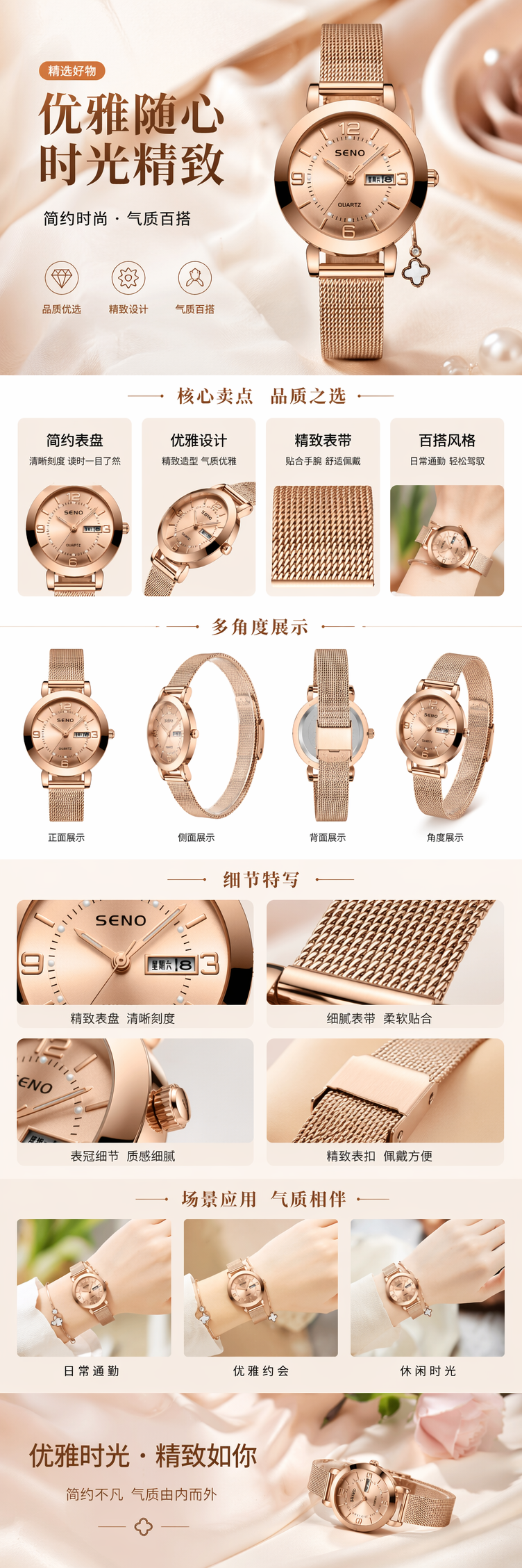 SENO玫瑰金手表含数字刻度星期日期显示网状金属表带详情1