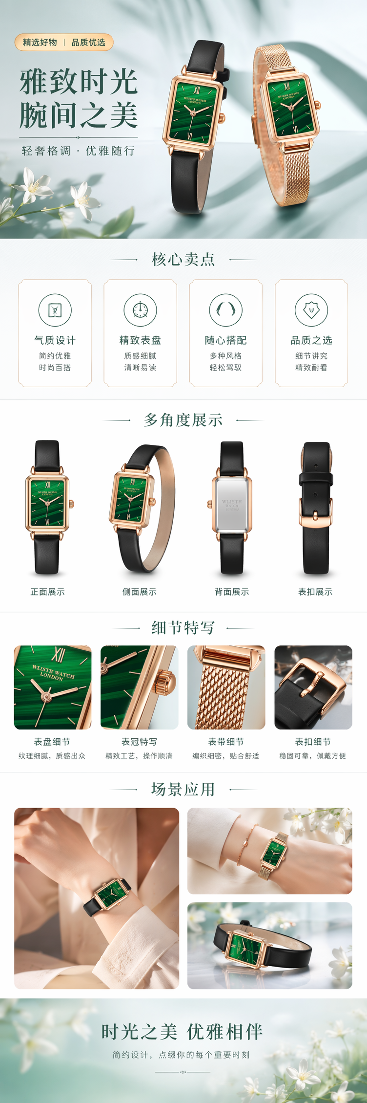 绿色表盘玫瑰金女士石英手表 时尚简约轻奢风 pic 1