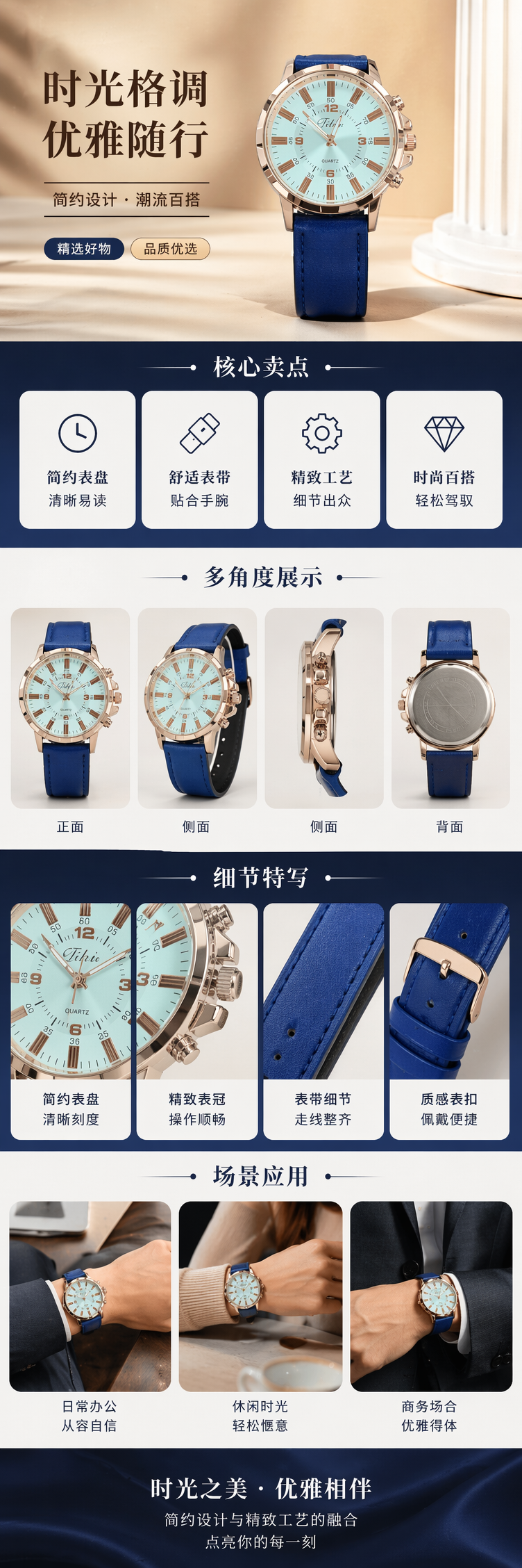 蓝色表带金色表壳男士石英手表简约时尚商务休闲详情1