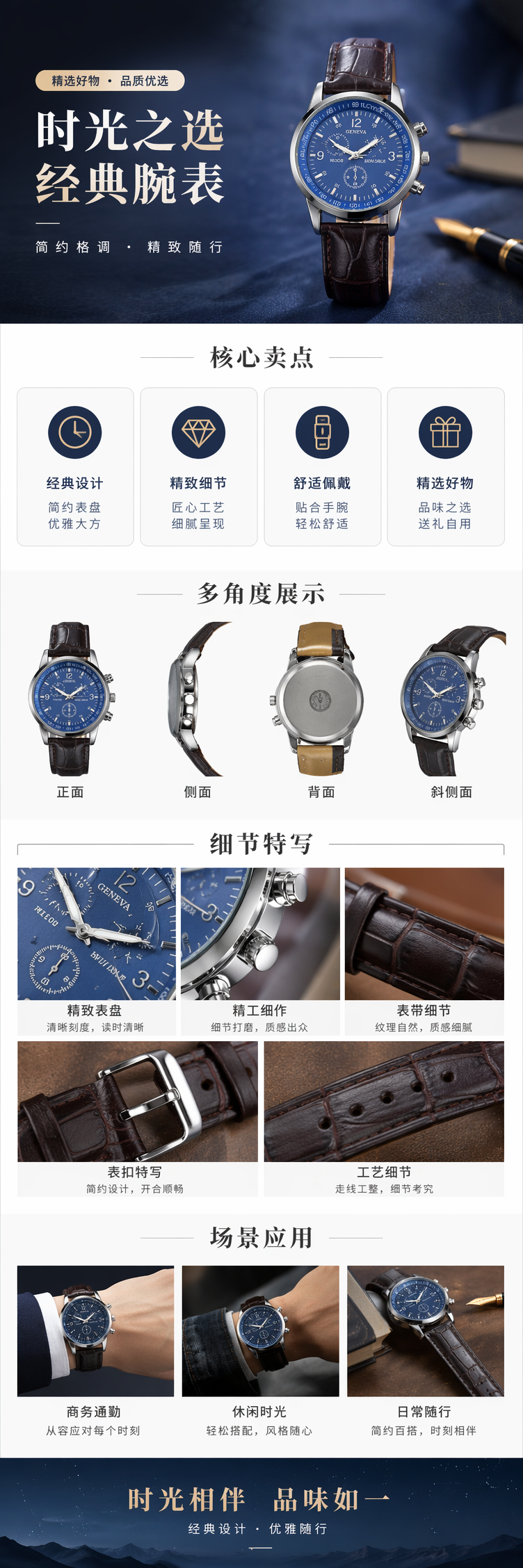 蓝色表盘男士石英手表简约商务休闲腕表 pic 1