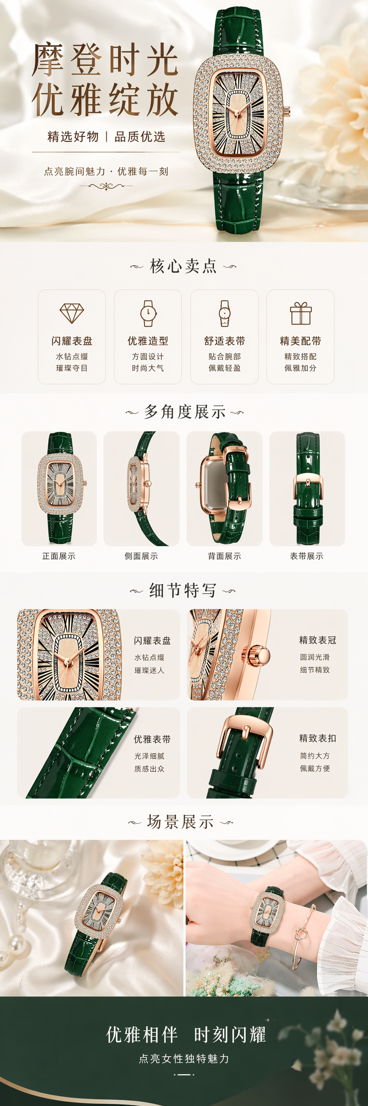 绿色鳄鱼纹镶钻手表女款时尚轻奢石英表 pic 1