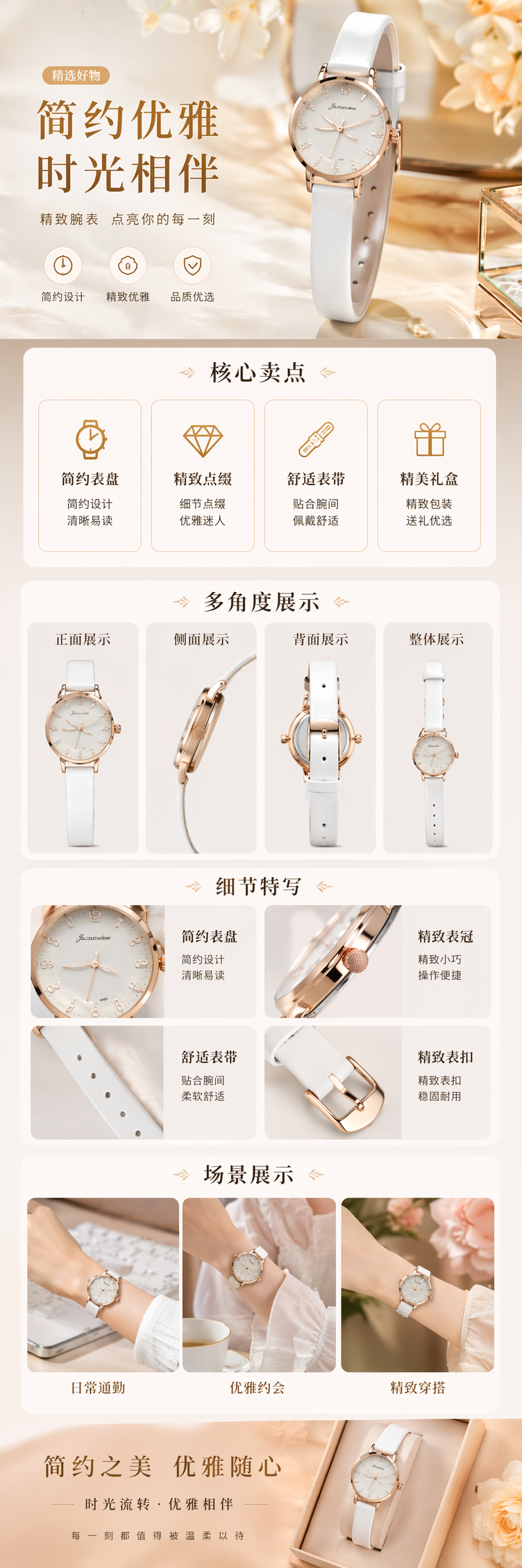 金色表壳白色表带石英手表商务休闲百搭轻薄款 pic 1