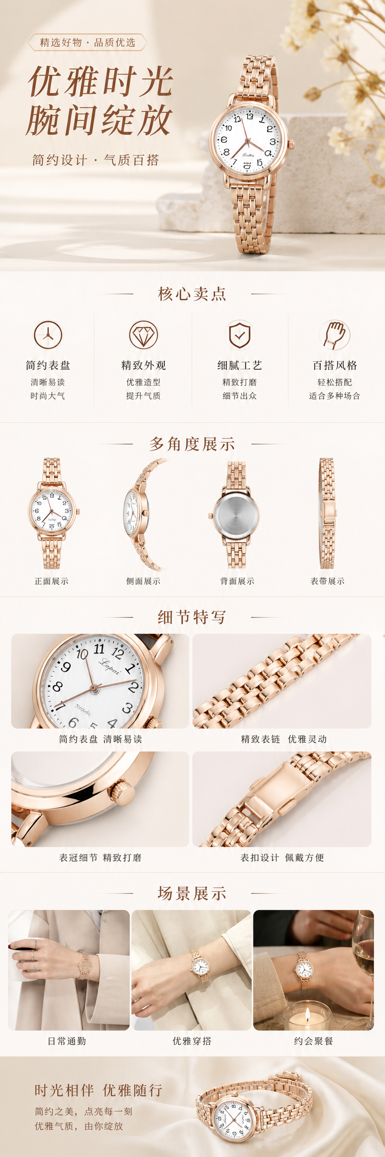 米色外套搭配玫瑰金手表手部特写时尚穿搭参考图 pic 1