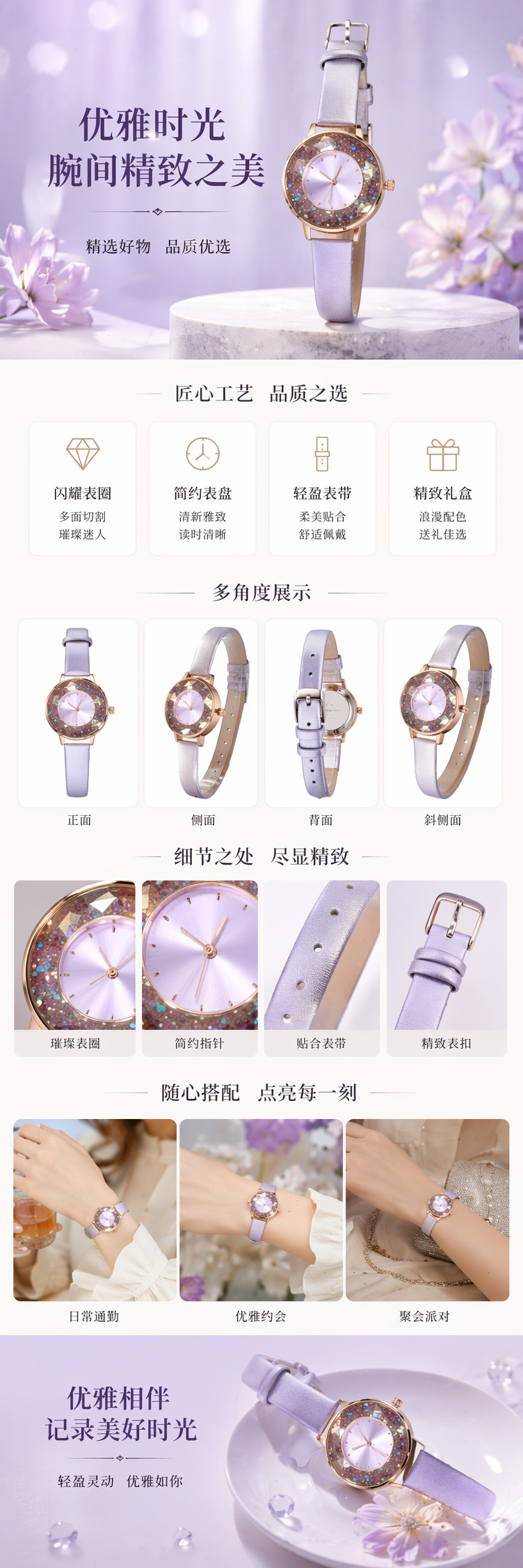 淡紫色表带手表女款石英表简约时尚轻奢腕表 pic 1