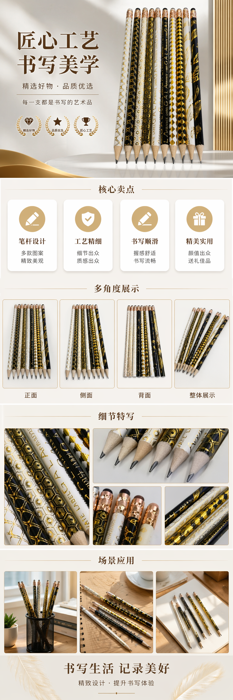 金色花纹铅笔学生用考试专用2B绘图书写文具详情1