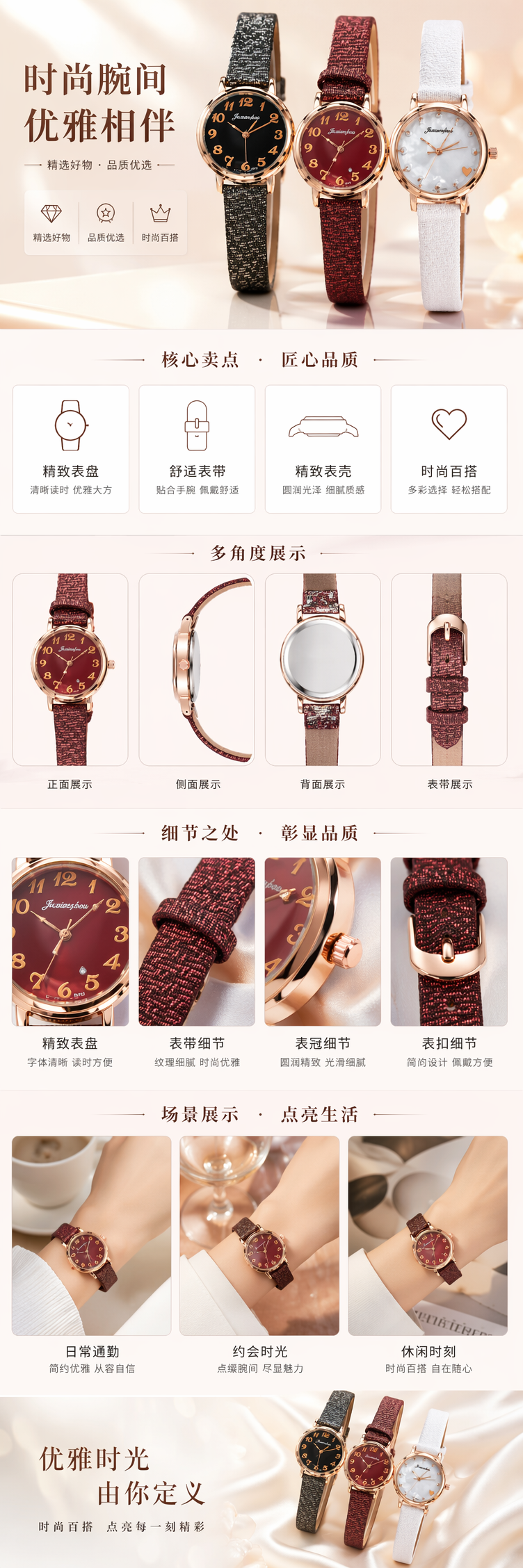 金色表壳黑色酒红色表盘闪粉表带女士手表 pic 1