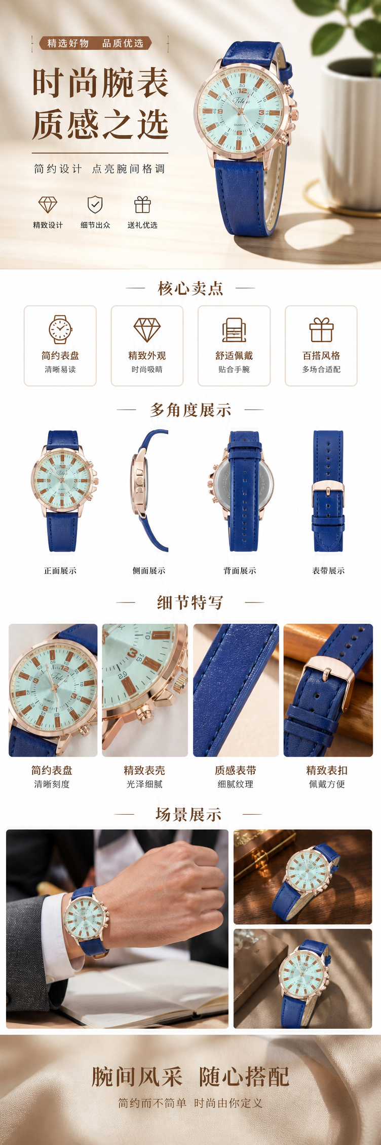 玫瑰金表壳蓝色表带石英女士手表 pic 1
