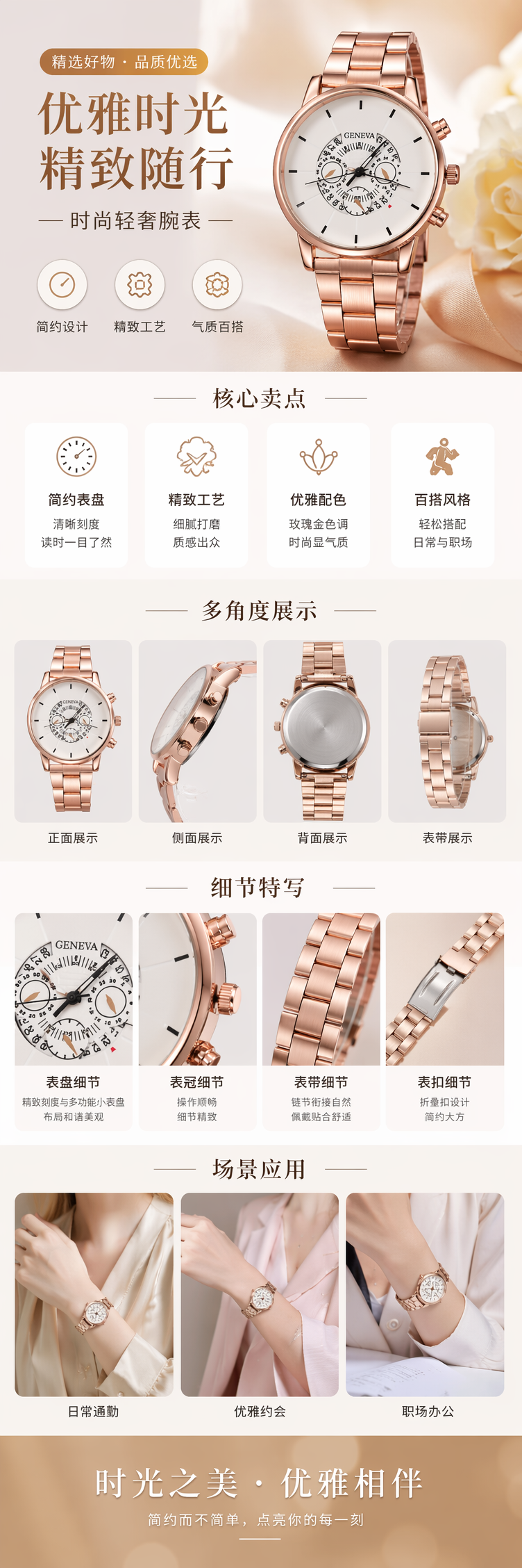 玫瑰金表壳表带白色表盘石英女士手表 pic 1