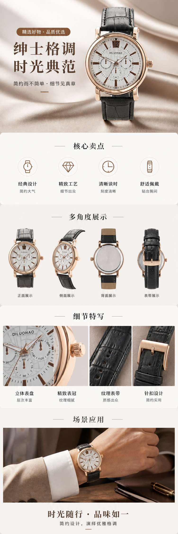 玫瑰金表壳黑色皮质表带白色表盘女士手表 pic 1