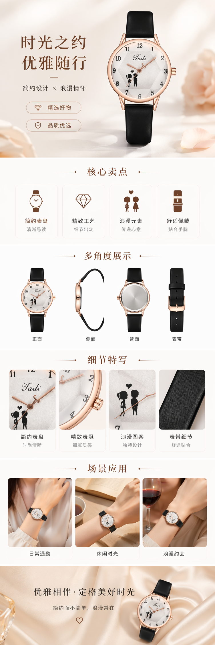 玫瑰金表壳黑色表带时尚简约石英手表 pic 1