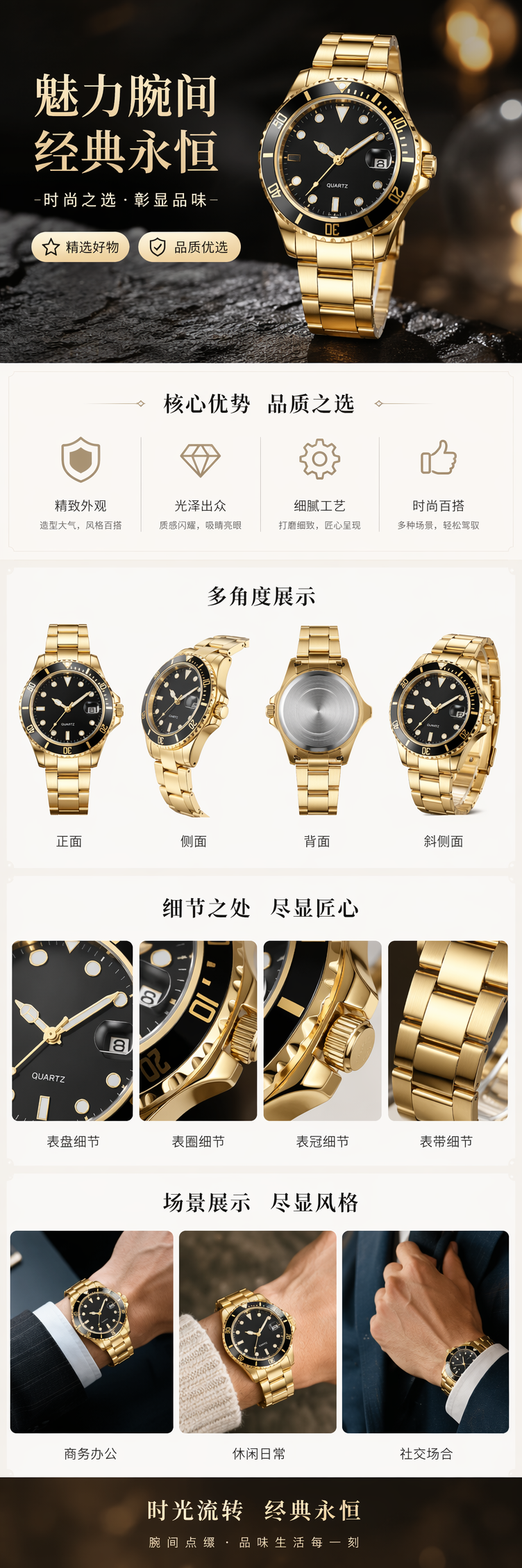 金色表带黑色表盘精钢机械男表商务正装腕表详情1