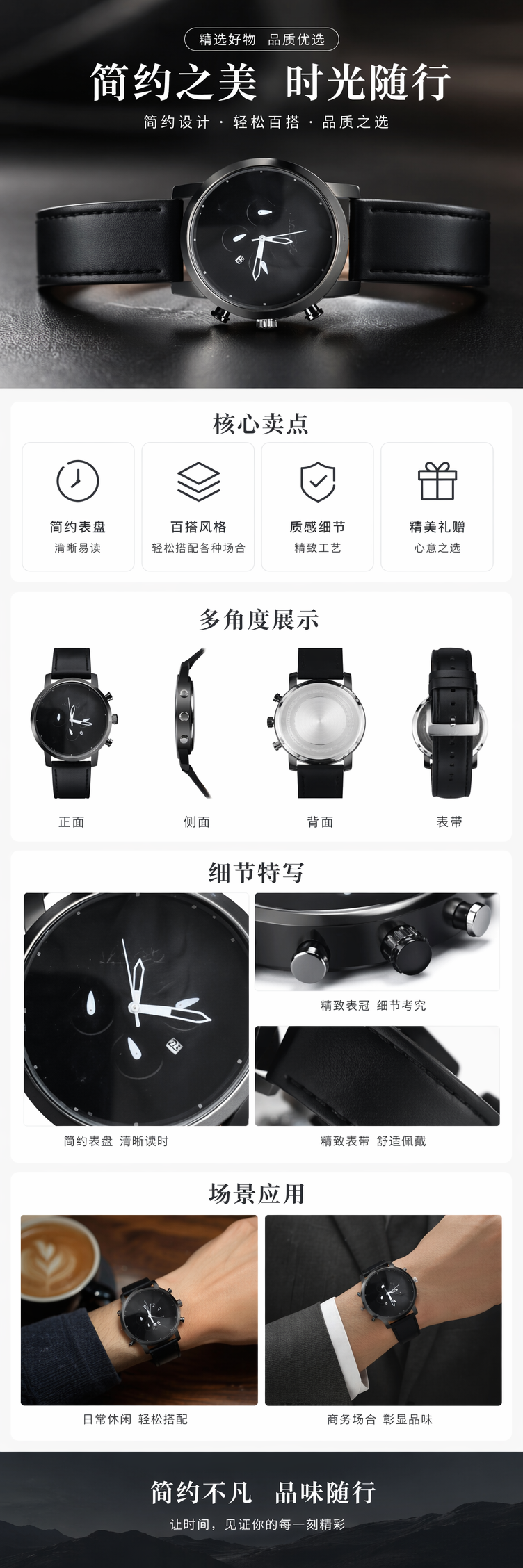 黑色表带手表 时尚简约商务休闲男女士通用 pic 1