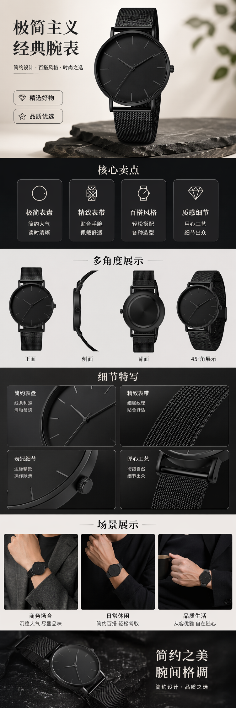 黑色精钢表带男士手表 38mm夜光防水石英机芯 pic 1