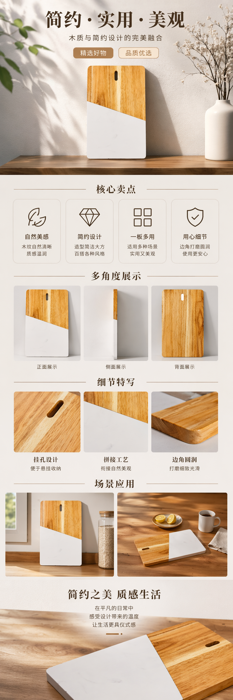 木质与白色大理石拼接切菜板 大理石纹路天然木纹厨房砧板详情1