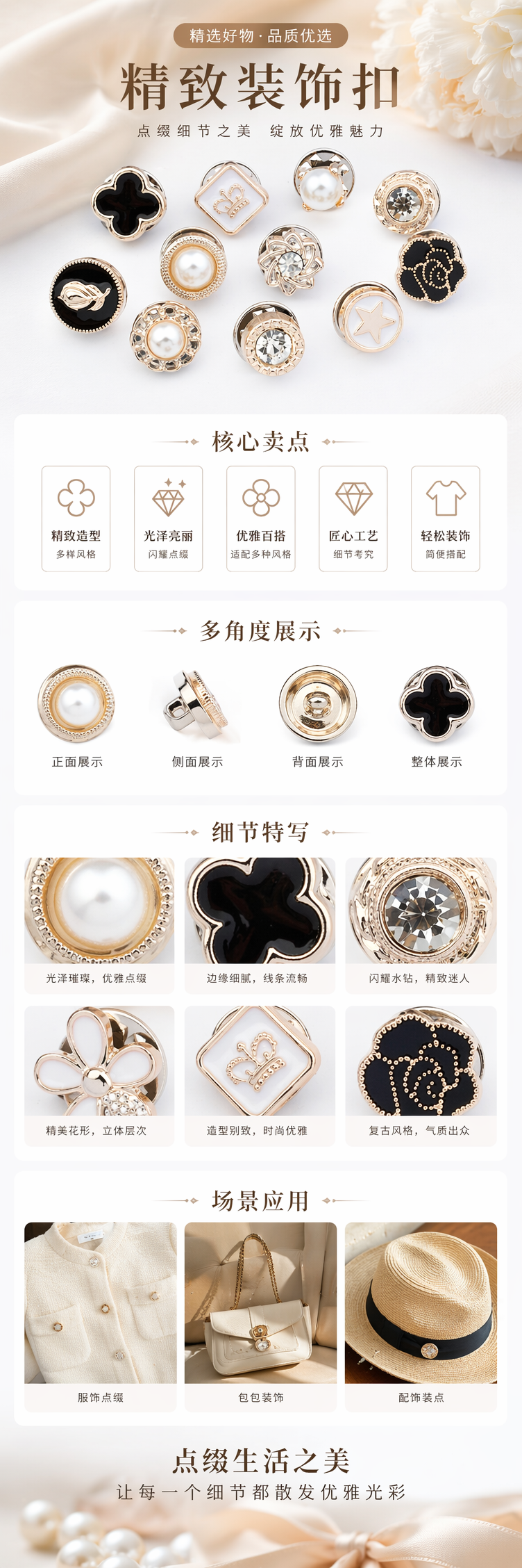 金色镶钻珍珠纽扣装饰品 服装辅料 手工DIY饰品配件 pic 1
