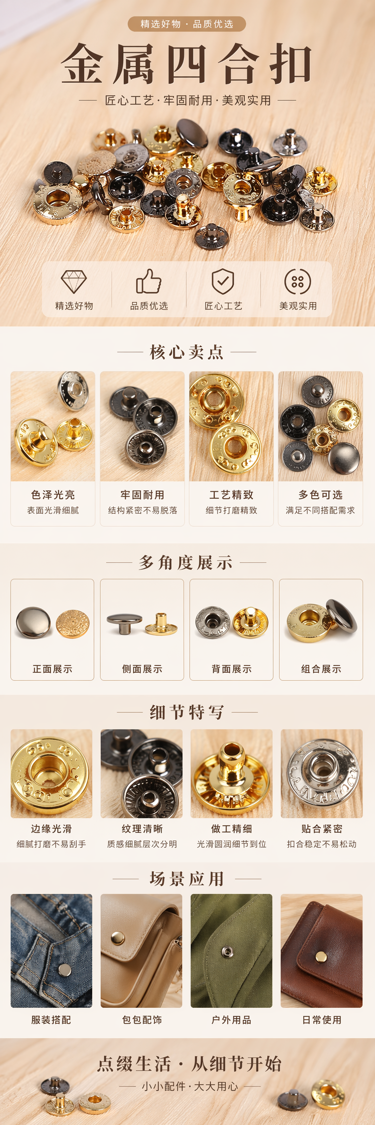 金色黑色金属纽扣散落木质表面装饰配件 pic 1
