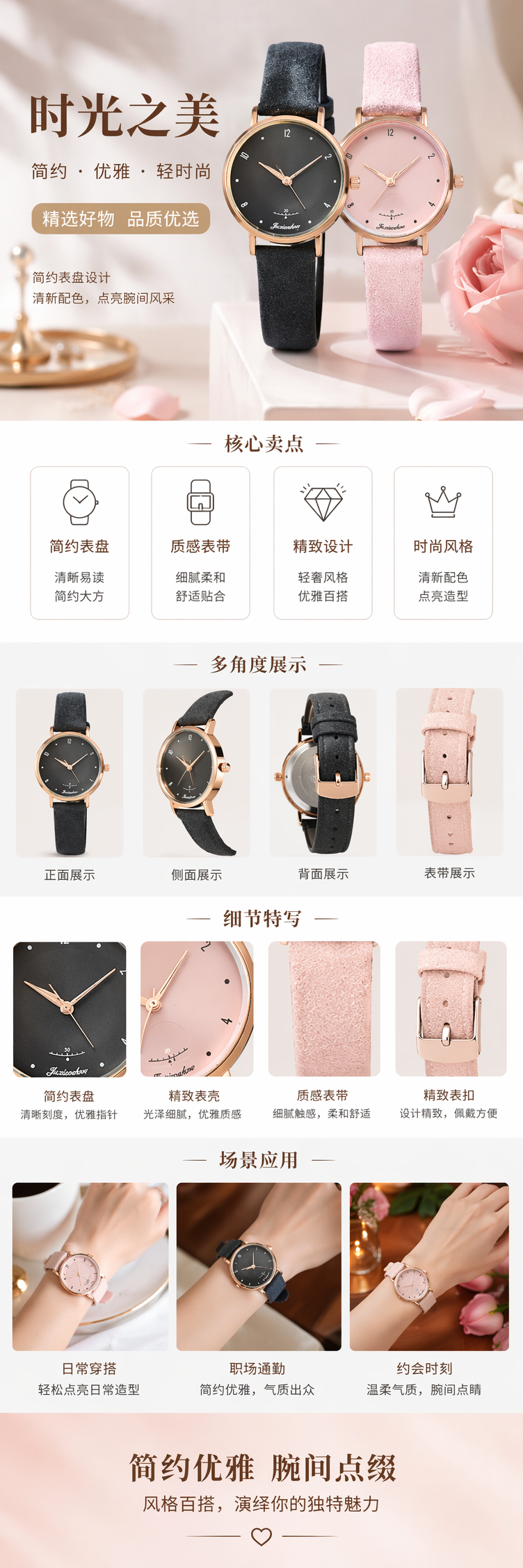 黑色粉色双表带石英女表配皮质表带轻奢日常穿搭 pic 1