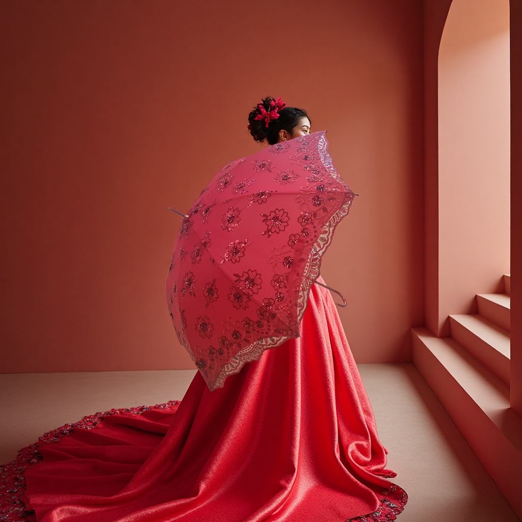 Red lace embroidered automatic opening and closing umbrella, 34cm three-fold portable ladies' style Application Scenario