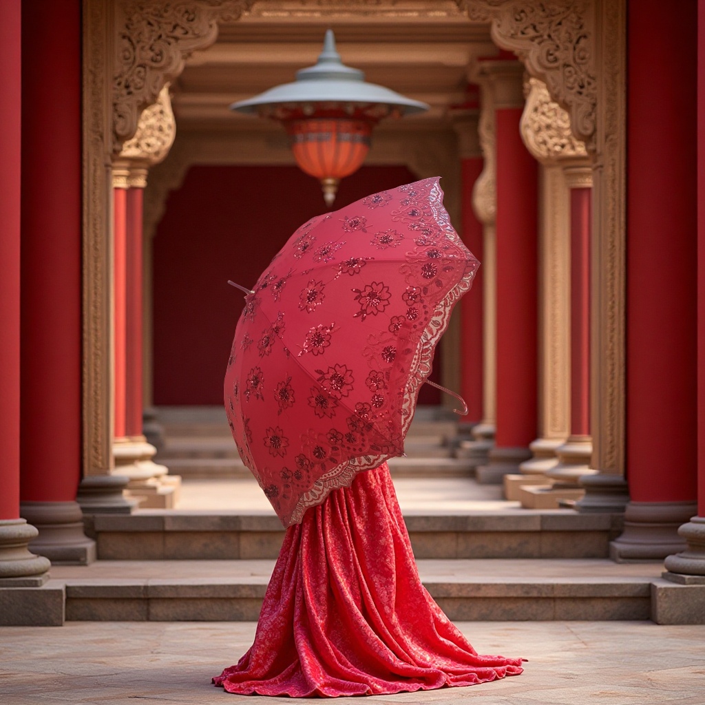 Red lace embroidered automatic opening and closing umbrella, 34cm three-fold portable ladies' style