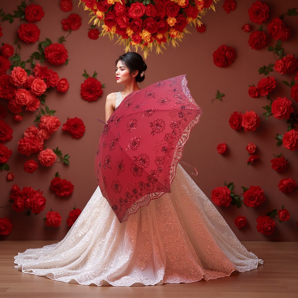 Red lace embroidered automatic opening and closing umbrella, 34cm three-fold portable ladies' style Specification image