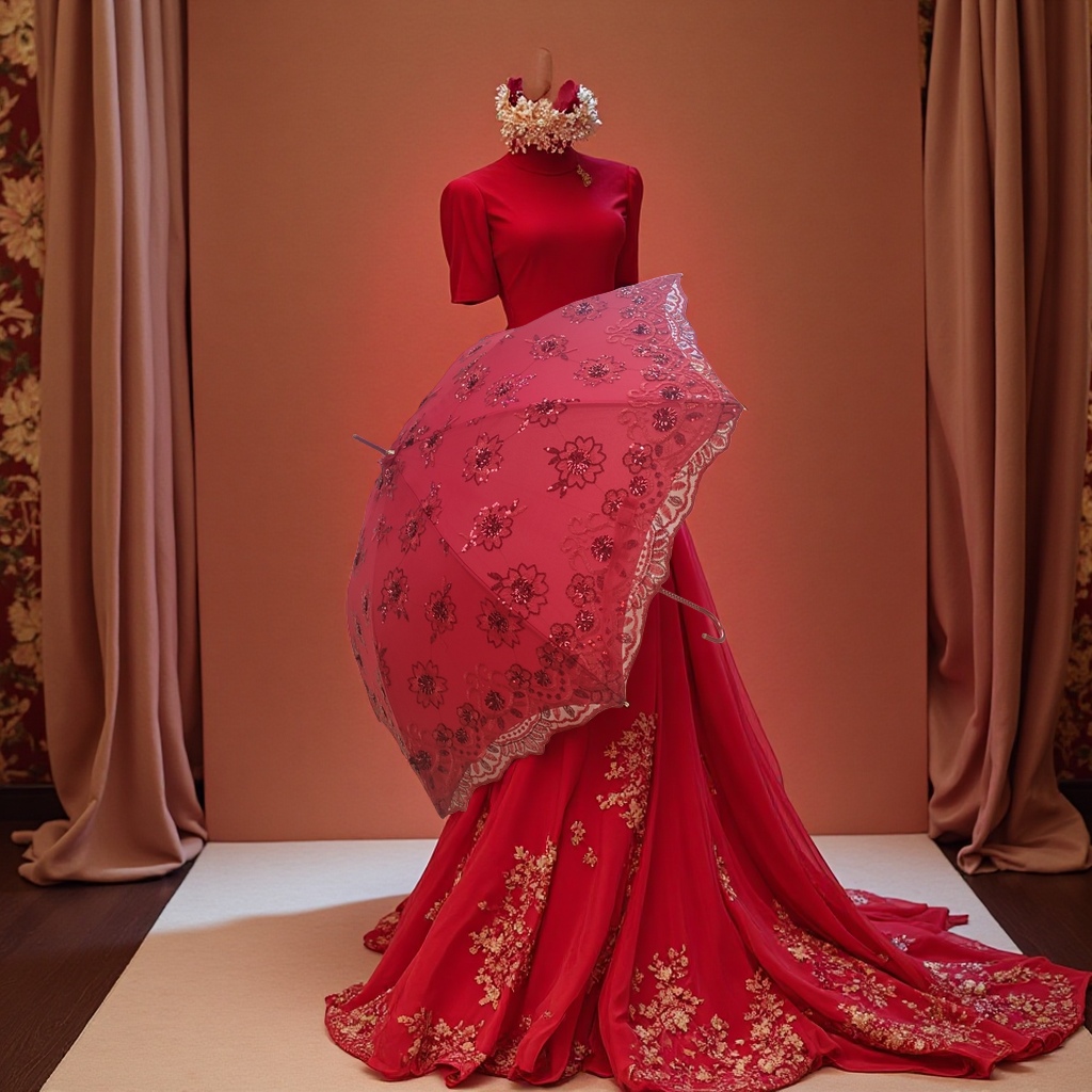 Red lace embroidered automatic opening and closing umbrella, 34cm three-fold portable ladies' style details Picture