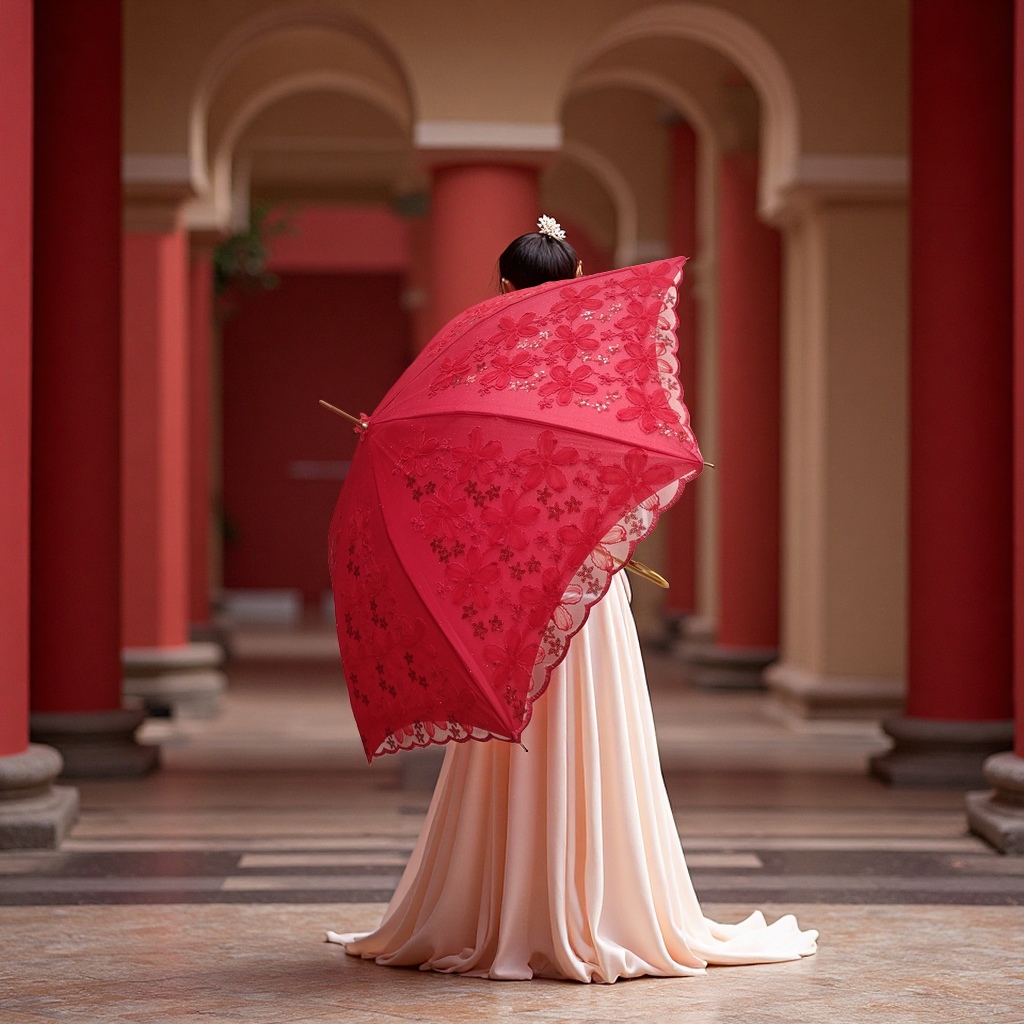 Red embroidered umbrella for both weather and rain, manual opening and closing, portable, sun protection and rain protection Application Scenario