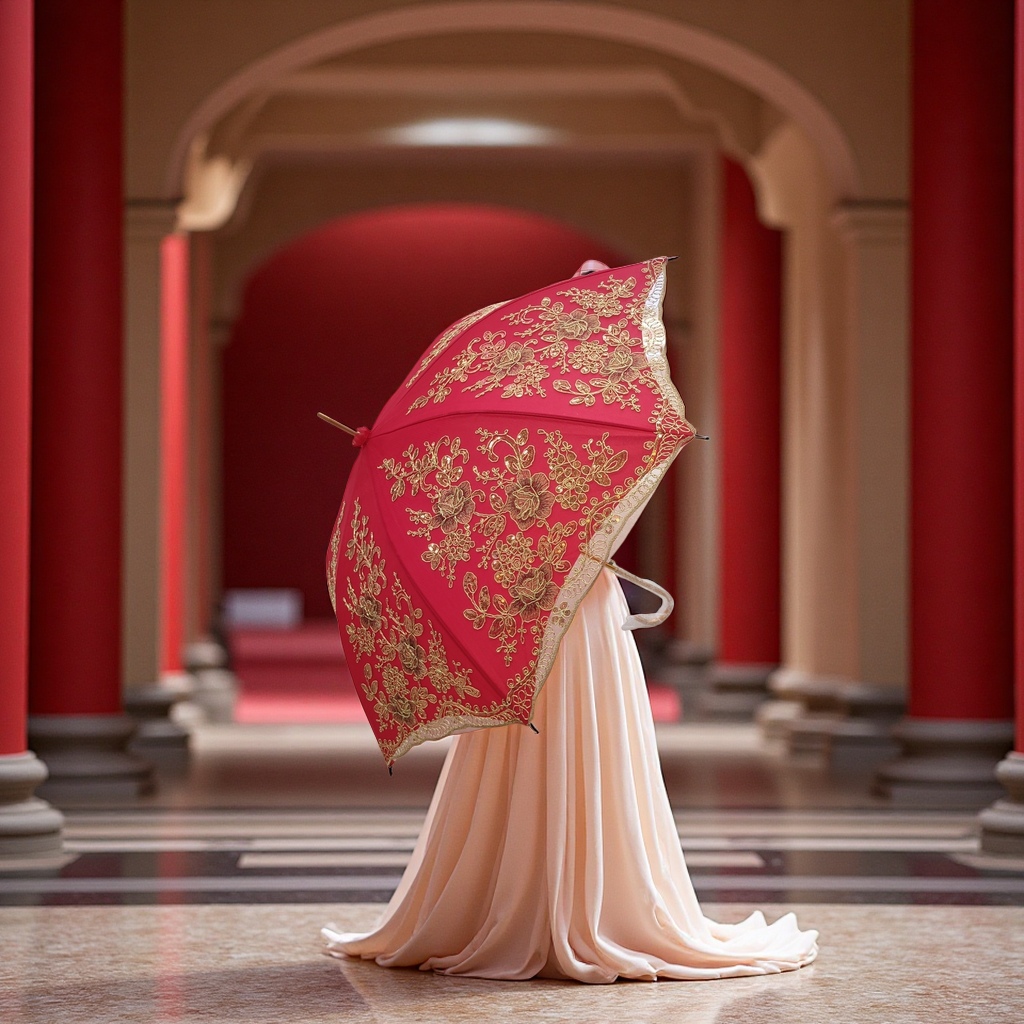 Red embroidered umbrella for both weather and rain, manual opening and closing, portable, sun protection and rain protection