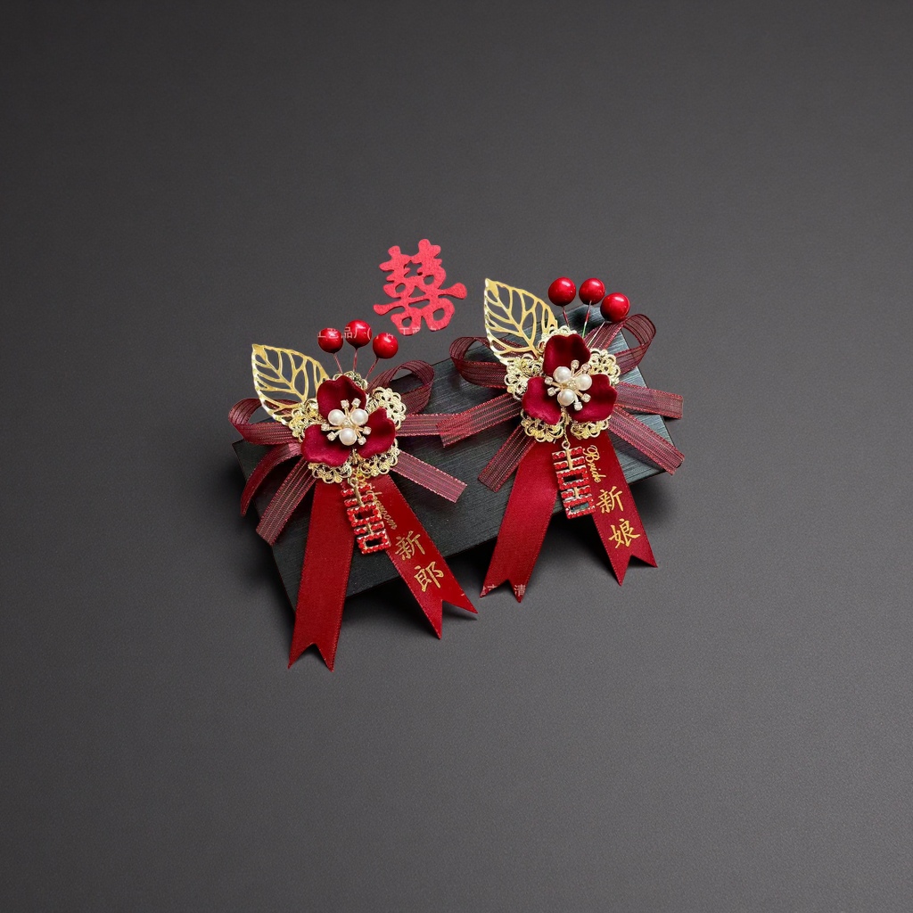 Red wedding brooch, bride and groom pairs, lace, cutout leaves, deep red velvet, pearl crystal, wine red ribbon, double happiness character tag