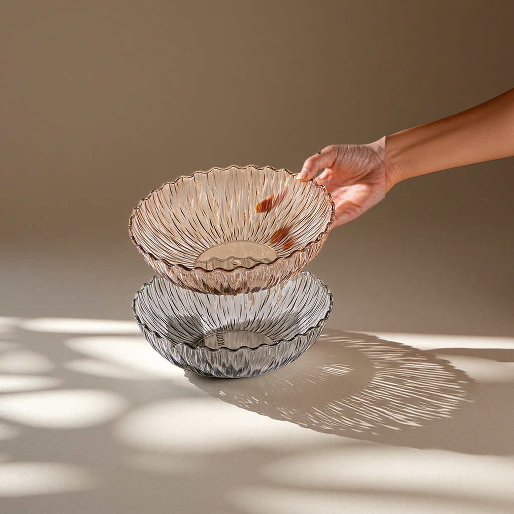 棕色透明玻璃花边碗 手工制作 家用盛放餐具