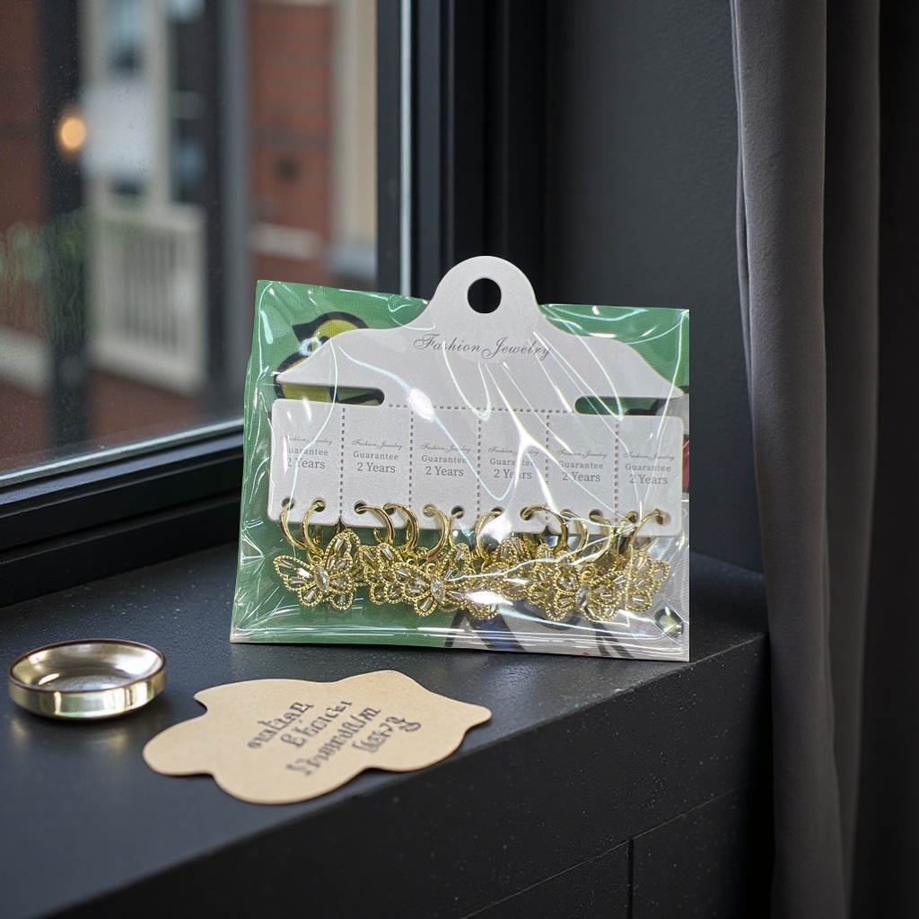 Golden butterfly-shaped earrings, packaged in a transparent plastic bag, with a white tag and a green cartoon fabric background Application Scenario