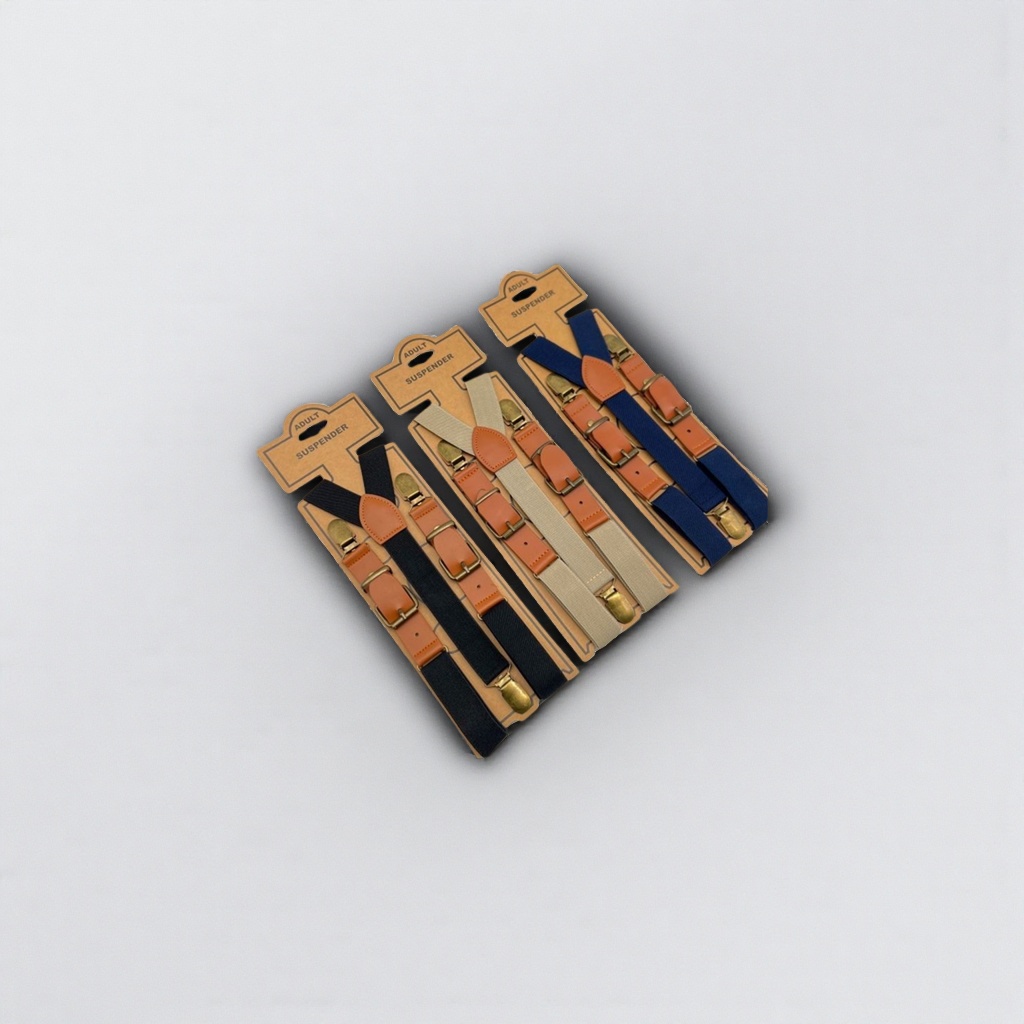 棕色卡纸包装成人背带 黑色米色深蓝三色可选 橙色皮革扣件黄铜夹子