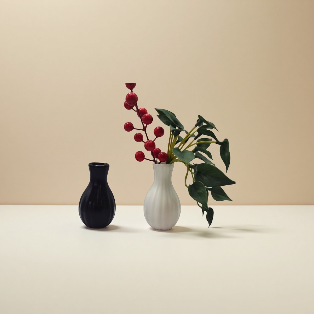 白色花瓶插红果绿叶植物搭配黑色花瓶家居装饰摆件