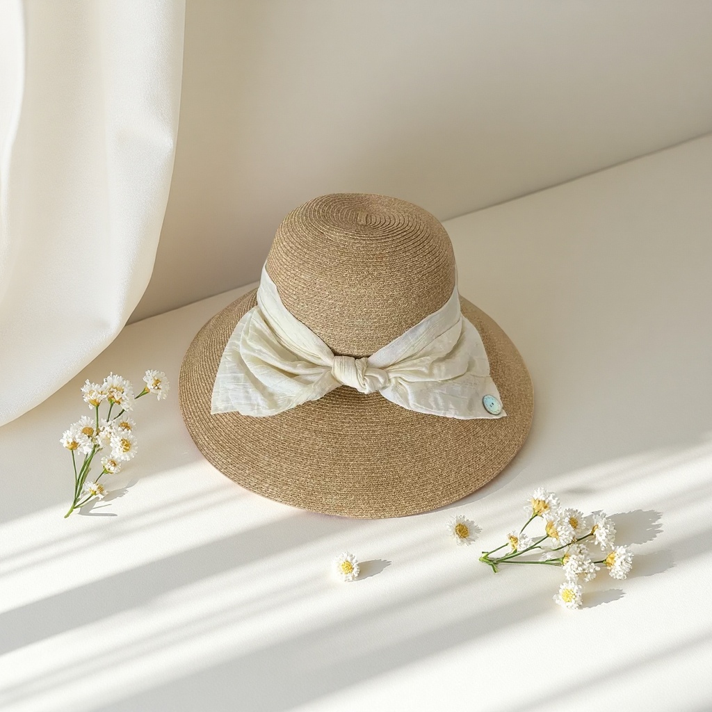 A beige straw hat paired with a white bow ribbon women's summer sun hat