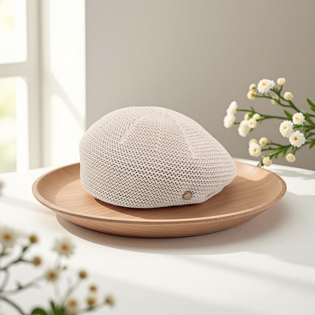 A beige knitted beret for warmth and facial enhancement in autumn and winter, a small lady's woolen hat details Picture