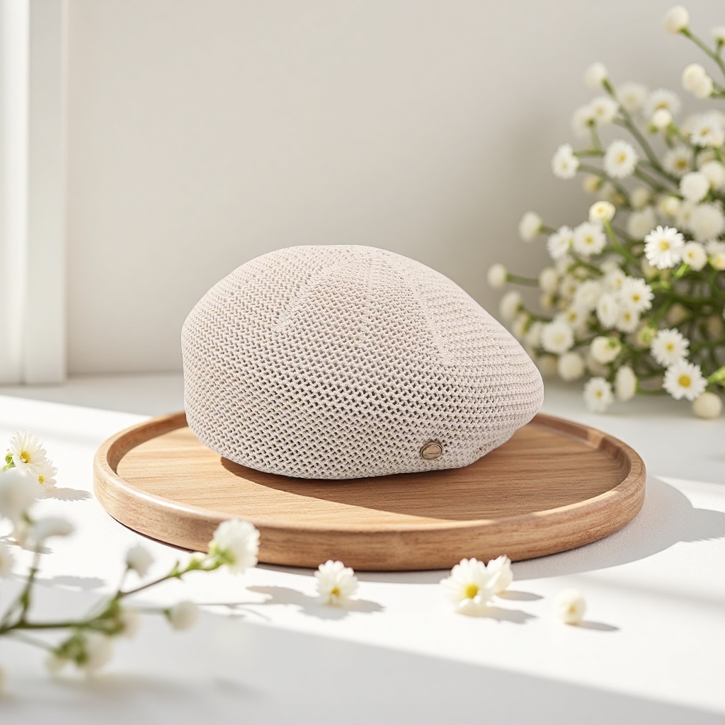 A beige knitted beret for warmth and facial enhancement in autumn and winter, a small lady's woolen hat Application Scenario