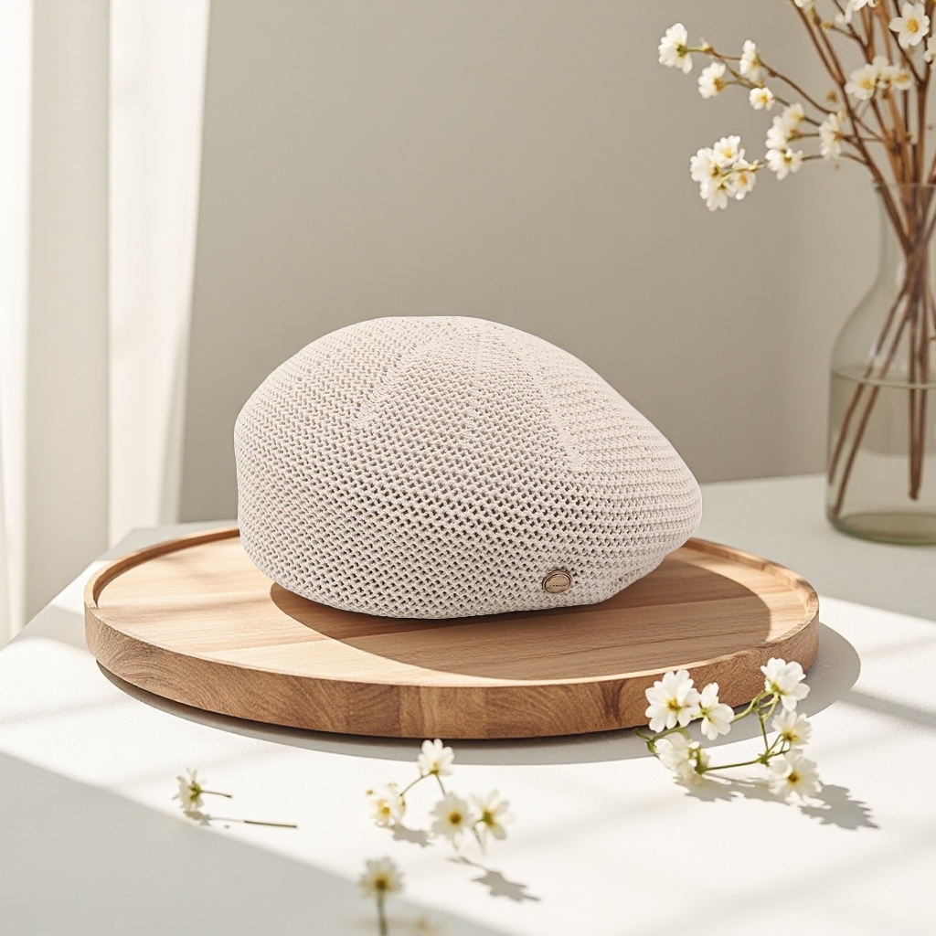 A beige knitted beret for warmth and facial enhancement in autumn and winter, a small lady's woolen hat