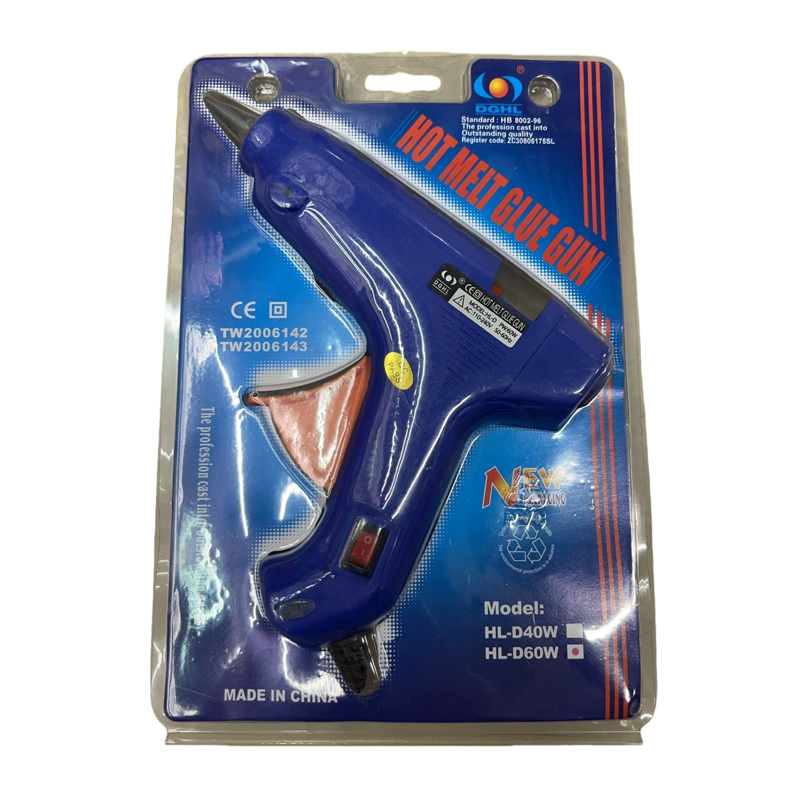 Blue hot melt glue gun, handheld rapid heating and constant temperature home and office DIY tool, large glue gun, 60w with switch, plug can be made flat plug or round plug Item Picture