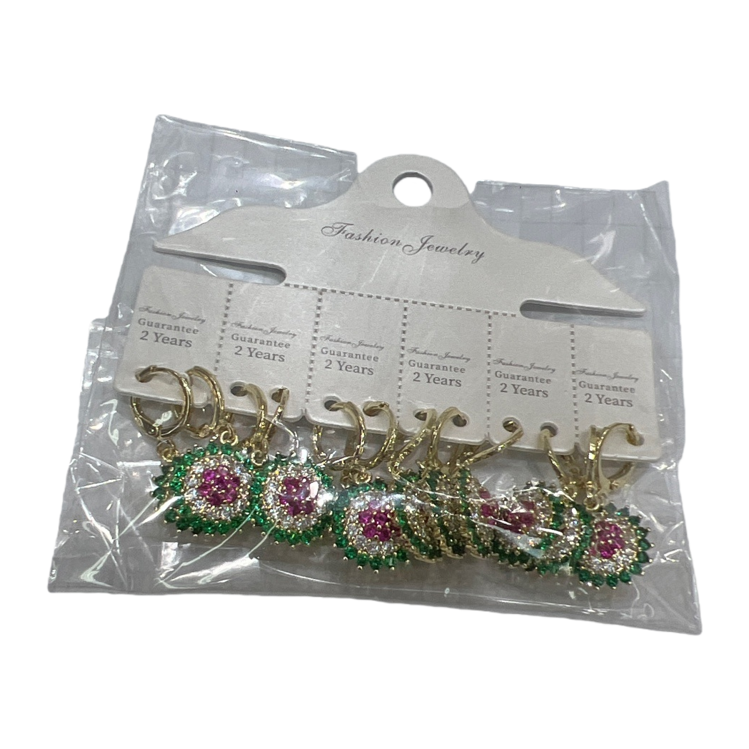A set of golden, green and red diamond earrings is a fashionable and light luxury accessory for women Item Picture