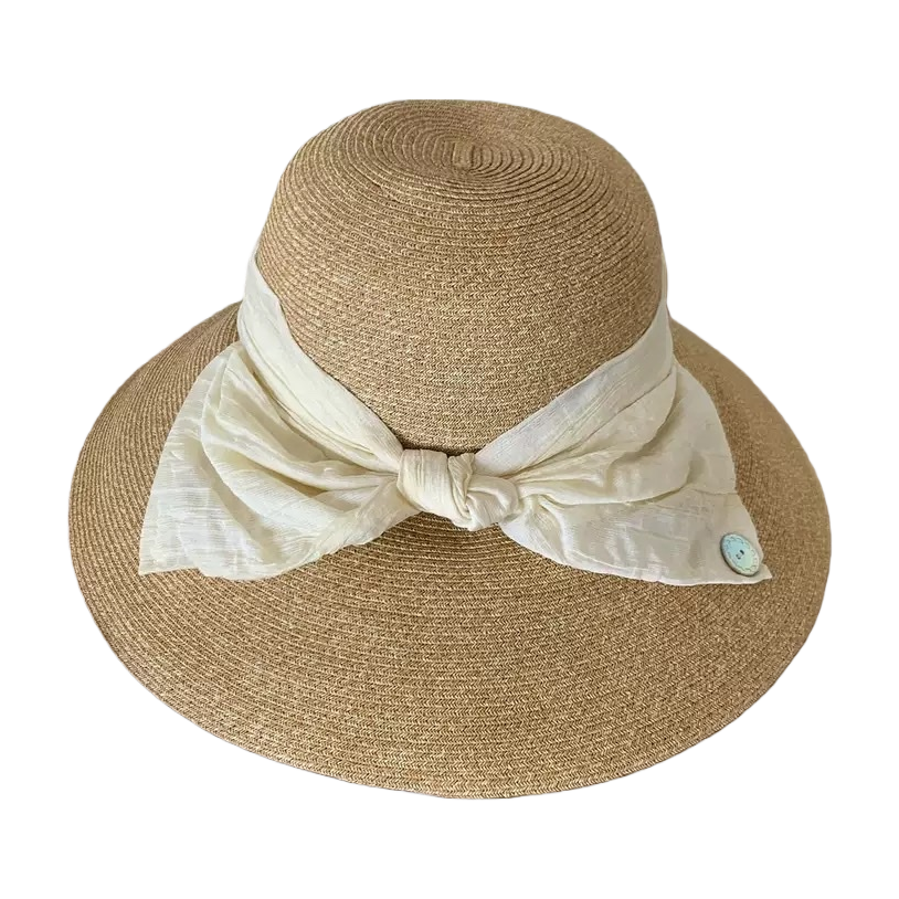 米色草帽配白色蝴蝶结丝带女夏季遮阳帽 Item Picture