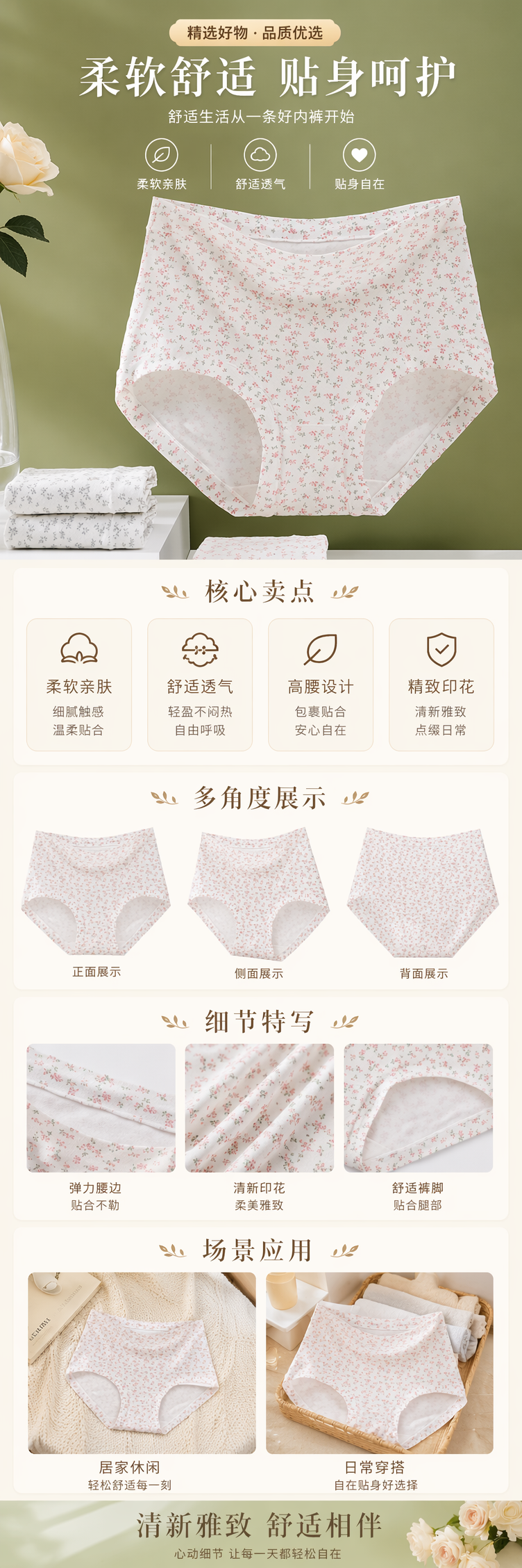 白色碎花纯棉女士内裤舒适透气无痕贴身详情1