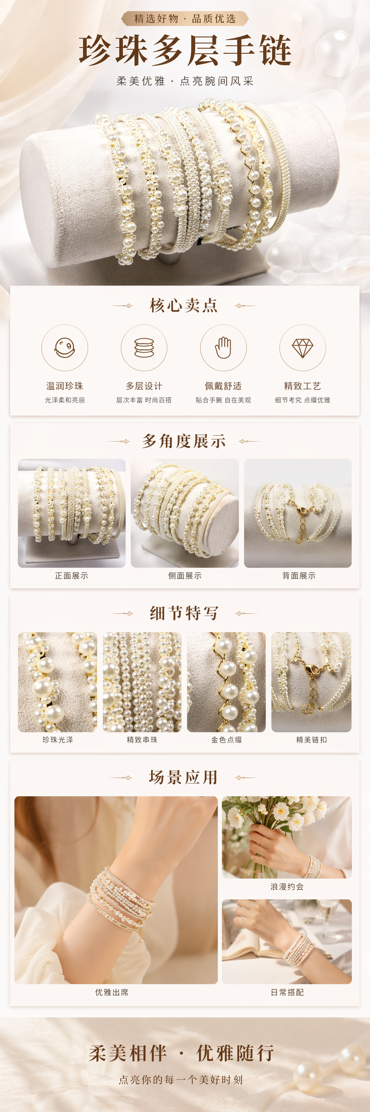 白色珍珠水晶玻璃手链五彩绳饰品 pic 1