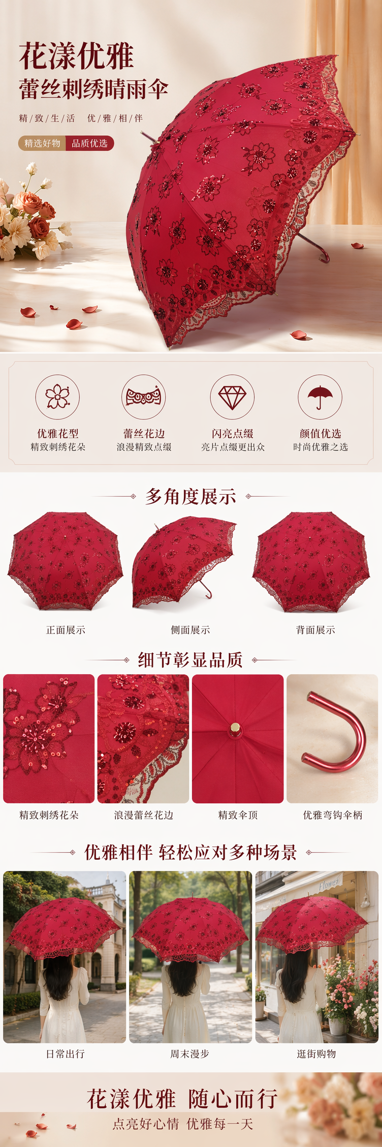 红色蕾丝刺绣自动开合晴雨伞 34cm三折便携女士款 pic 1