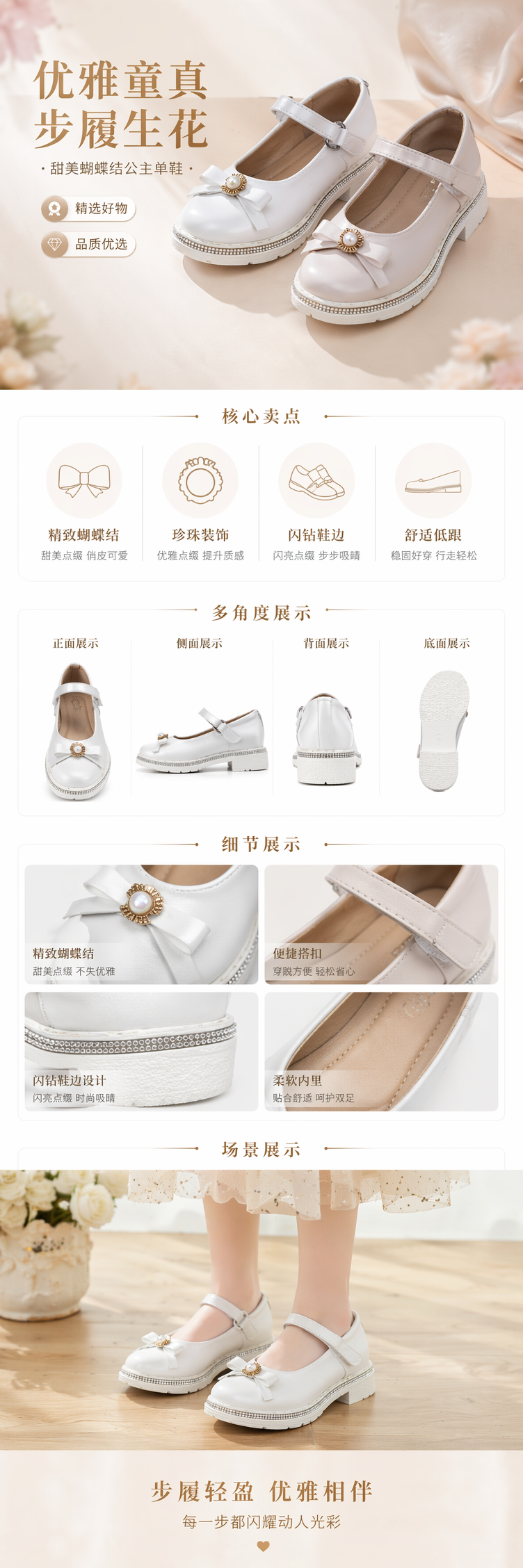 白色儿童高跟鞋女童公主风亮片装饰小码增高舒适透气详情1