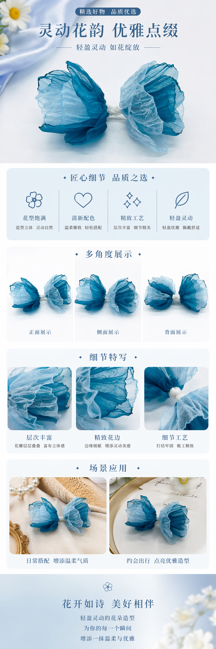 深蓝青色蕾丝绢花仿真玫瑰花饰丝带装饰人造花花头详情1