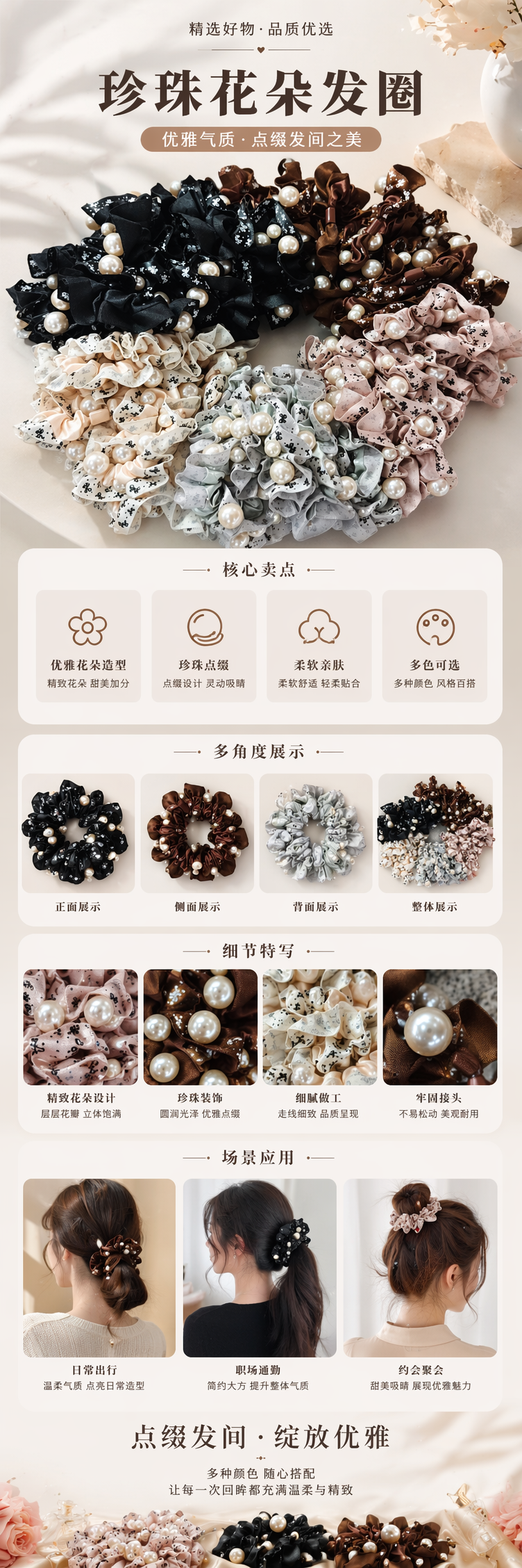 黑色棕色米色银色粉色珍珠大肠发圈女韩版发饰 pic 1