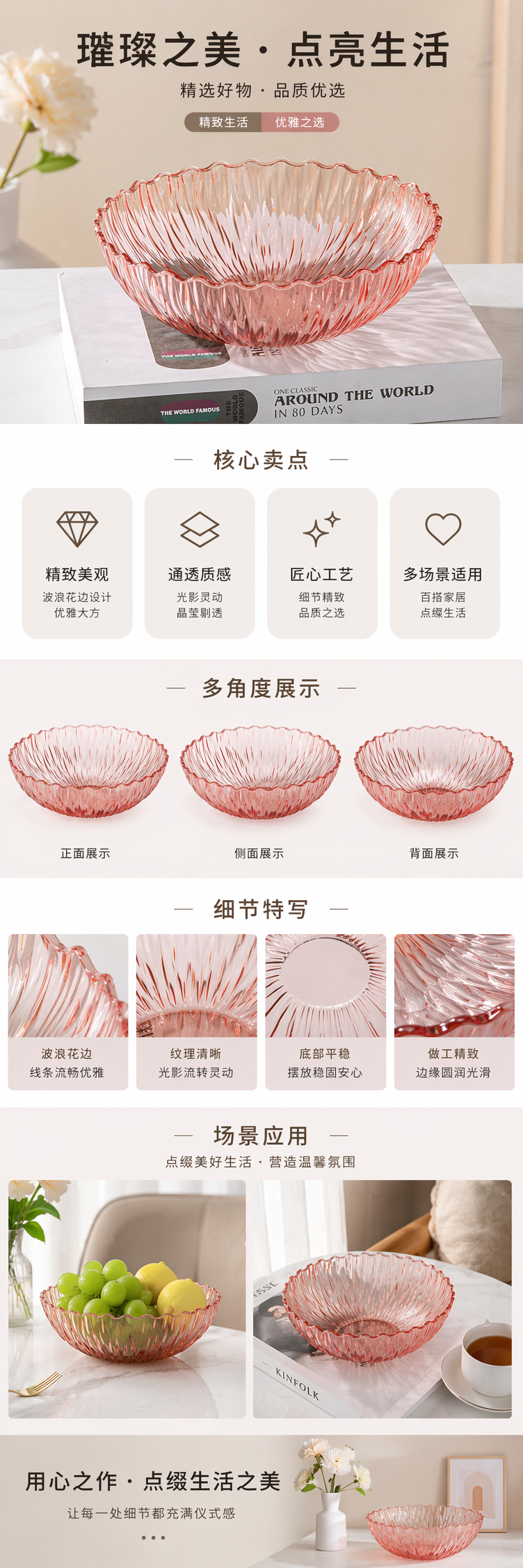粉红色波浪边玻璃碗家用果盘沙拉碗高硼硅耐热餐具详情1